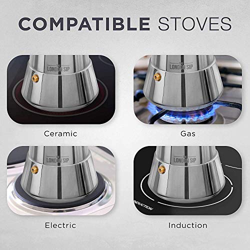 The London Sip Cafetera clásica Italiana de Inducción en Acero Inoxidable - Prepara café de Calidad al Estilo Italiano en tu casa con Esta Cafetera Moka Pot en Cromo Moderno (Plateada, 6 Tazas)