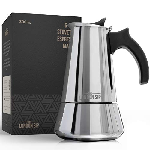 The London Sip Cafetera clásica Italiana de Inducción en Acero Inoxidable - Prepara café de Calidad al Estilo Italiano en tu casa con Esta Cafetera Moka Pot en Cromo Moderno (Plateada, 6 Tazas)
