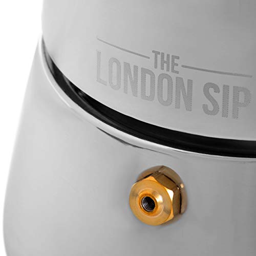 The London Sip Cafetera clásica Italiana de Inducción en Acero Inoxidable - Prepara café de Calidad al Estilo Italiano en tu casa con Esta Cafetera Moka Pot en Cromo Moderno (Plateada, 6 Tazas)