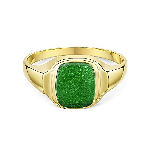 Theia Sortija de Sello para Caballeros en Oro Amarillo de 9k, Forma de Almohadilla, Montada con Piedra Jade Verde de 10x8mm - Tamaño 18