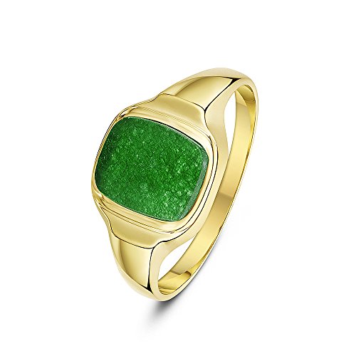 Theia Sortija de Sello para Caballeros en Oro Amarillo de 9k, Forma de Almohadilla, Montada con Piedra Jade Verde de 10x8mm - Tamaño 18