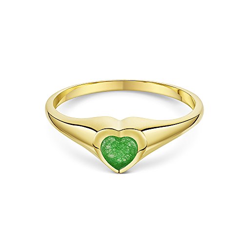 Theia Sortija de Sello para Damas en Oro Amarillo, 9K, Forma de Corazón, Montada con Piedra Jade Verde de 5x5mm - Tamaño 8