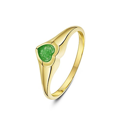 Theia Sortija de Sello para Damas en Oro Amarillo, 9K, Forma de Corazón, Montada con Piedra Jade Verde de 5x5mm - Tamaño 8