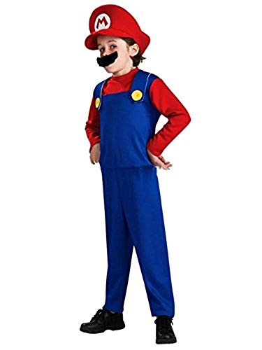 thematys® Super Mario Luigi Gorra + pantalón + Barba - Traje Conjunto para niños Carnaval y Cosplay (L, Talla 130-140cm)