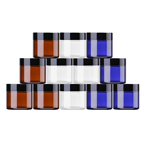 THETIS Frascos de Vidrio Redondos de 60ml (12 Paquete de) - Envases Cosméticos Vacíos con Forros Interiores, Tapas Negras y Frascos de Muestras de Vidrio con Etiquetas (Tres Colores)