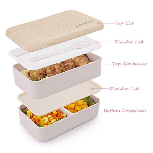 Thousanday Fiambrera Bento Bambú Rosado | Tupper Design con 2 Cubiertos | Bento Box 2 Compartimentos Estancos 1200 ml | Microondas y Lavavajillas | Bento Box Adultos o Niños