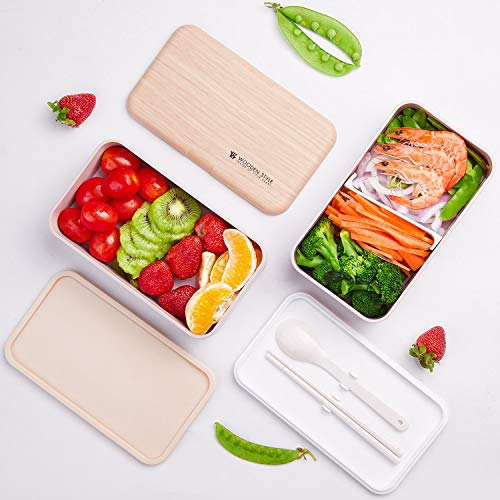 Thousanday Fiambrera Bento Bambú Rosado | Tupper Design con 2 Cubiertos | Bento Box 2 Compartimentos Estancos 1200 ml | Microondas y Lavavajillas | Bento Box Adultos o Niños