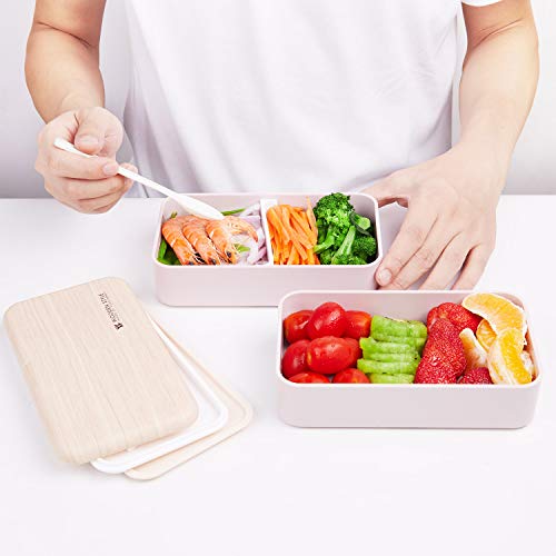 Thousanday Fiambrera Bento Bambú Rosado | Tupper Design con 2 Cubiertos | Bento Box 2 Compartimentos Estancos 1200 ml | Microondas y Lavavajillas | Bento Box Adultos o Niños