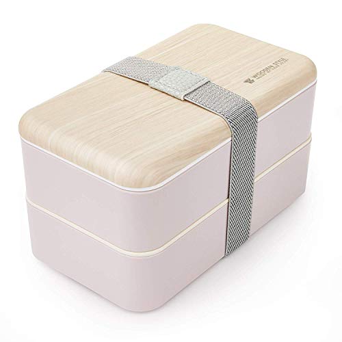 Thousanday Fiambrera Bento Bambú Rosado | Tupper Design con 2 Cubiertos | Bento Box 2 Compartimentos Estancos 1200 ml | Microondas y Lavavajillas | Bento Box Adultos o Niños