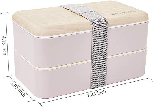 Thousanday Fiambrera Bento Bambú Rosado | Tupper Design con 2 Cubiertos | Bento Box 2 Compartimentos Estancos 1200 ml | Microondas y Lavavajillas | Bento Box Adultos o Niños