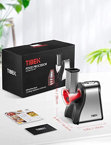 TIBEK Rallador Electrico de Verduras y Fruta, Cortador Verduras Eléctrico 200W con 6 Accesorios, Verduras, Queso, Frutas y Batidos, Sin BPA (Plata/Rojo)