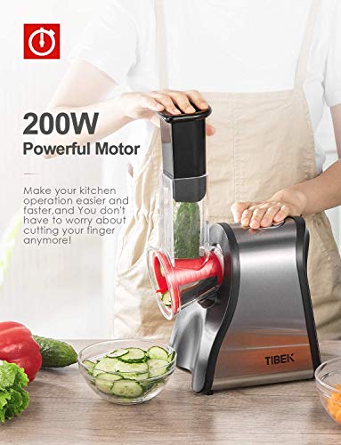TIBEK Rallador Electrico de Verduras y Fruta, Cortador Verduras Eléctrico 200W con 6 Accesorios, Verduras, Queso, Frutas y Batidos, Sin BPA (Plata/Rojo)