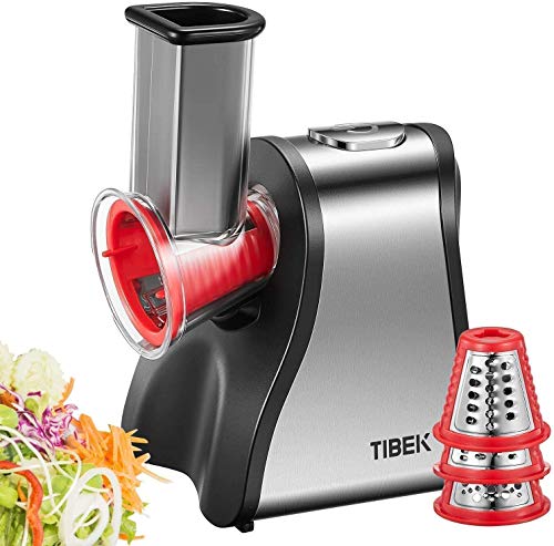 TIBEK Rallador Electrico de Verduras y Fruta, Cortador Verduras Eléctrico 200W con 6 Accesorios, Verduras, Queso, Frutas y Batidos, Sin BPA (Plata/Rojo)