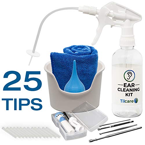 Tilcare Kit Limpiador de oídos con Aspirador Electrico– Sistema de lavado de oídos– Kit de limpieza para oídos perfectos – Incluye Lavabo, Jeringa, Kit Curetas, Toalla y 30 Puntas Desechables