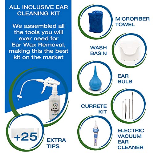 Tilcare Kit Limpiador de oídos con Aspirador Electrico– Sistema de lavado de oídos– Kit de limpieza para oídos perfectos – Incluye Lavabo, Jeringa, Kit Curetas, Toalla y 30 Puntas Desechables