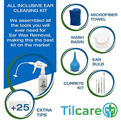 Tilcare Kit Limpiador de oídos Profesional – Sistema de lavado de oídos – Kit de limpieza para oídos perfectos – Incluye lavabo, jeringa, kit curetas, toalla y 25 puntas desechables