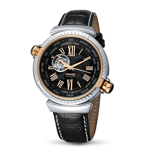 Time100 Reloj automático de la Manera de la Correa de Cuero Genuino Auto de la Cuerda automática de la mecánica de Las Zonas de Tiempo del Mundo del Reloj el día de Padre W60129G (Oro Rosa)