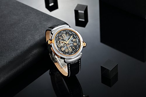 Time100 Reloj automático de la Manera de la Correa de Cuero Genuino Auto de la Cuerda automática de la mecánica de Las Zonas de Tiempo del Mundo del Reloj el día de Padre W60129G (Oro Rosa)