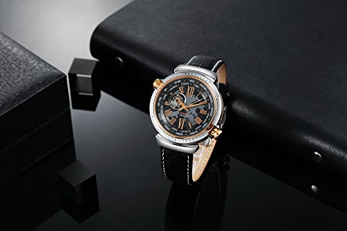 Time100 Reloj automático de la Manera de la Correa de Cuero Genuino Auto de la Cuerda automática de la mecánica de Las Zonas de Tiempo del Mundo del Reloj el día de Padre W60129G (Oro Rosa)