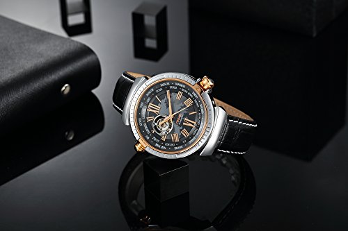 Time100 Reloj automático de la Manera de la Correa de Cuero Genuino Auto de la Cuerda automática de la mecánica de Las Zonas de Tiempo del Mundo del Reloj el día de Padre W60129G (Oro Rosa)