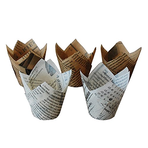 TININNA 100 Piezas Moldes Papel Copa de Horneado,Profesional Grande Mollete Papel Magdalena Cajas de la Torta Envolturas con Periódicos Viejos Patrón