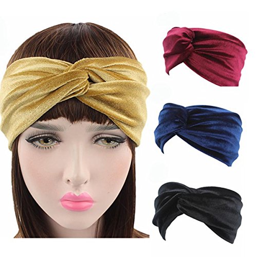 TININNA Turbante Hat Mujer, Diadema Turbante de Terciopelo Dorado Torsión Estampado Elástico Cinta Cabeza para Yoga Gimnasio-Oro