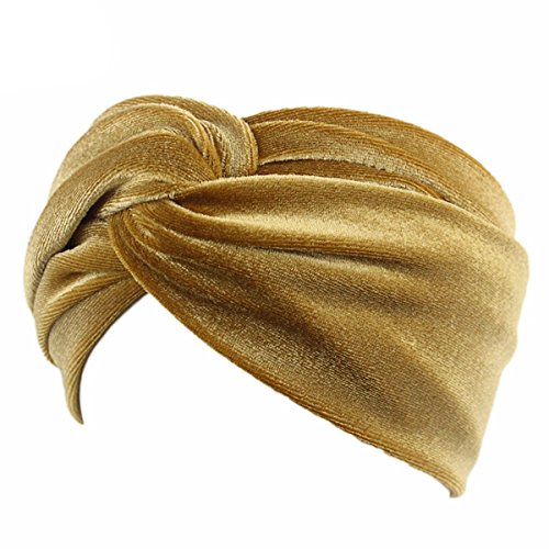 TININNA Turbante Hat Mujer, Diadema Turbante de Terciopelo Dorado Torsión Estampado Elástico Cinta Cabeza para Yoga Gimnasio-Oro