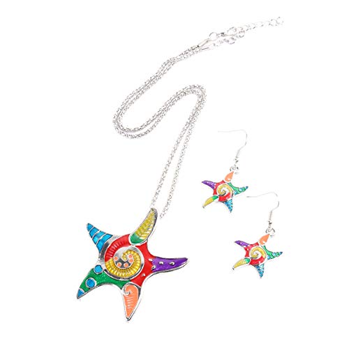 Tinksky Cadena de cuello de collar de cinco puntos estrella colgante collar con pendientes colgantes conjunto para la decoración de joyas, regalo para los amigos (plata)