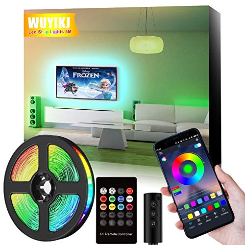 Tira LED, 5M(16.4ft) RGB tira de luces que cambia de color con control remoto y APP, con control remoto RF de 20 teclas Tira de luces LED para decoración navideña y cocina.