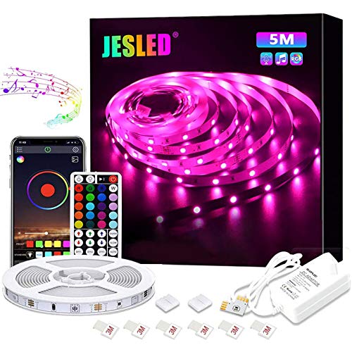 Tiras LED, JESLED 5M Tiras de Luces LED Sincronización de música Bluetooth, control de aplicaciones, Remoto de 44 Botones, 5050 RGB LED Strip, para Habitacion, Hogar, Bar, Fiesta, Restaurante