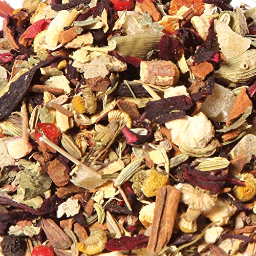 Tisanas Ayurvédicas. Relax. Blend. Con canela, jengibre, regaliz, piña, hojas de mora, naranja, hibisco, hinojo, pimienta rosa, clavo, flor de lúpulo, hypericum, manzanilla, cardamomo. 100 g.