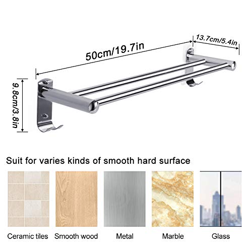 Toallero de Barra Adhesiva 50cm, CHOELF Toallero de acero inoxidable Doble Barra con Ganchos para Toallas Pegarlo a la Pared para Baño Cocina, Sin abrir agujeros