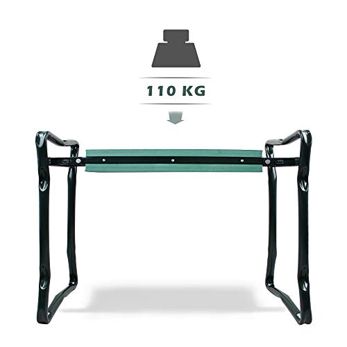 Todeco - Banco de Rodillas para Jardín, Asiento de Jardín Plegable - Tamaño desplegada: 62 x 48 x 28 cm - Carga máxima: 110 kg - Verde