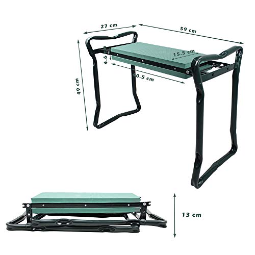 Todeco - Banco de Rodillas para Jardín, Asiento de Jardín Plegable - Tamaño desplegada: 62 x 48 x 28 cm - Carga máxima: 110 kg - Verde