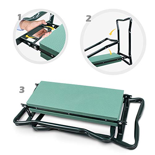 Todeco - Banco de Rodillas para Jardín, Asiento de Jardín Plegable - Tamaño desplegada: 62 x 48 x 28 cm - Carga máxima: 110 kg - Verde