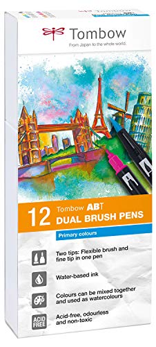 Tombow ABT-12P-1 Fiber Pen Dual Brush Pen con dos puntas Juego de 12 colores primarios