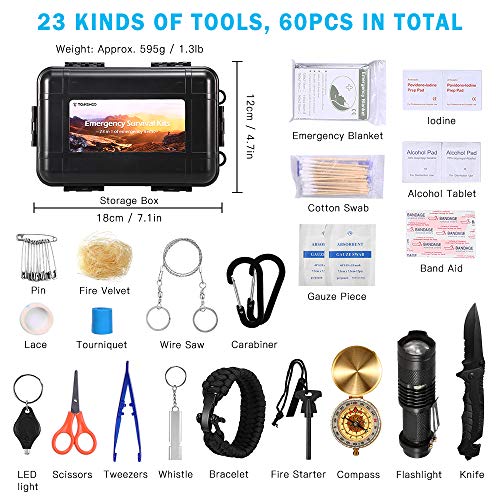TOMSHOO 60Pcs 23 Tipos de Primeros Auxilios de Emergencia kit de Supervivencia Herramientas de Primeros Auxilios para Acampar Senderismo caza Pesca