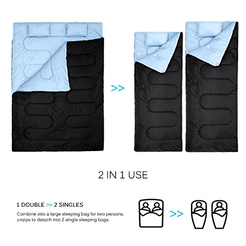 TOMSHOO Saco de Dormir de 2 Personas 210 * 152cm Doble Saco de Dormir con 2 Cojines Al Aire Libre -5℃ ~ 10℃ para Verano y Otoño