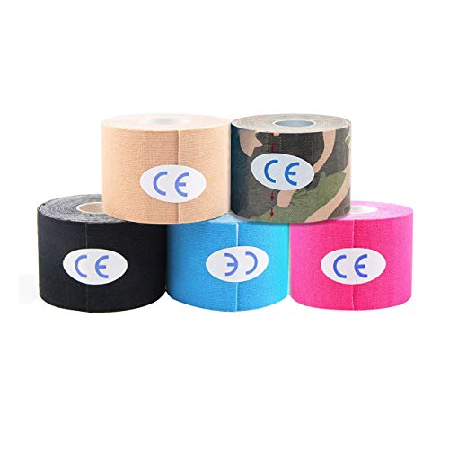 TONGU 5PCS Cinta Kinesiología Tape Cinta Muscular 5m x 5cm Impermeable Cinta Quinesiológica Cinta de Soporte para Rodilla Hombro Tobillo Codo Espinilla Cuello