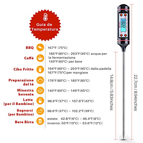 TOPELEK Termometro Carne Digital, Termómetro de Cocina de 5S Lectura Instantánea con 4.8'' Sonda Larga, Pantalla LCD Retroiluminada Para Comida La Carne Barbacoa Leche Líquido