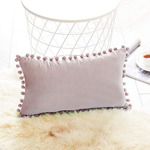 Topfinel Juego de 2 Cojines Fundas Terciopelo Decorativa Hogar Almohadas Fundas con pelota de Color Sólido Para Cama Sofás Sala de Estar Dormitorio Sala de Estudio Jardín Coche 30x50cm Rosa