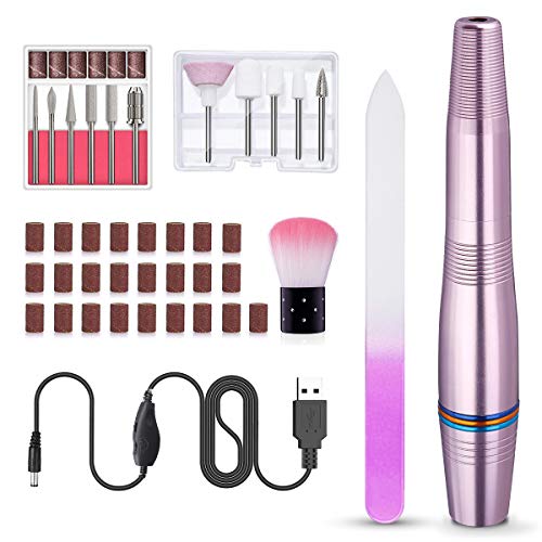 Torno para Uñas,Liaboe lima de uñas eléctrica,lima de uñas electrica manicura con lima de uñas de cristal, Kit de Manicura Eléctrico con 1 Cepillo limpieza, 11 Cabezales y 25 bucles de lija