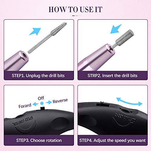 Torno para Uñas,Liaboe lima de uñas eléctrica,lima de uñas electrica manicura con lima de uñas de cristal, Kit de Manicura Eléctrico con 1 Cepillo limpieza, 11 Cabezales y 25 bucles de lija