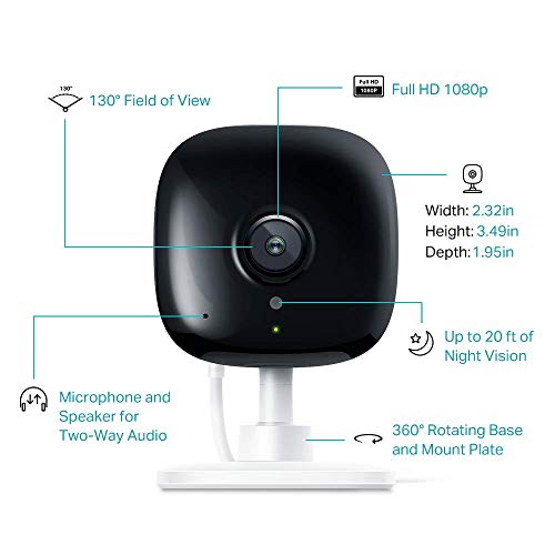 TP-link KC100 - Cámara Vigilancia, Cámara IP WiFi 1080p Full HD 130° Gran Angular, Zonas de Detección de Movimiento Ajustables, Visión Nocturna, Audio de 2 Vias y Nube con Kasa App para iOS y Android