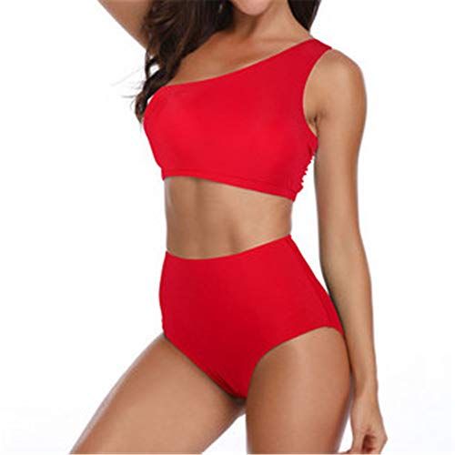 Traje de baño para mujer con cintura alta, con un hombro, a rayas y divididas, (contiene solo traje de baño) Rojo rosso M