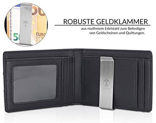 TRAVANDO ® Cartera con Pinza para Billetes Seattle - 9 Compartimientos - Bloqueo RFID - Tarjetero pequeña - Regalo para el Hombre - Estuche Regalo - Diseñado en Alemania (Carbon)