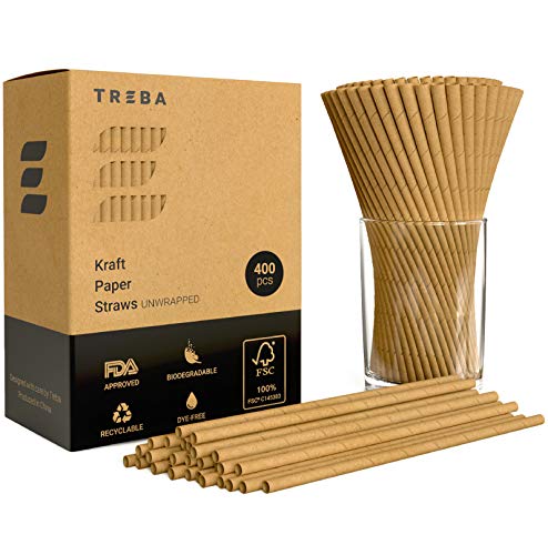 TREBA 400 Pajitas Biodegradables de Papel Kraft– Pajitas para Beber Sin Envueltas – Pajitas Desechables Sin Colorantes Para Cócteles, Bebidas Frías y Calientes – Pajitas Ecologicas Compostables Papel