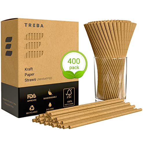 TREBA 400 Pajitas Biodegradables de Papel Kraft– Pajitas para Beber Sin Envueltas – Pajitas Desechables Sin Colorantes Para Cócteles, Bebidas Frías y Calientes – Pajitas Ecologicas Compostables Papel