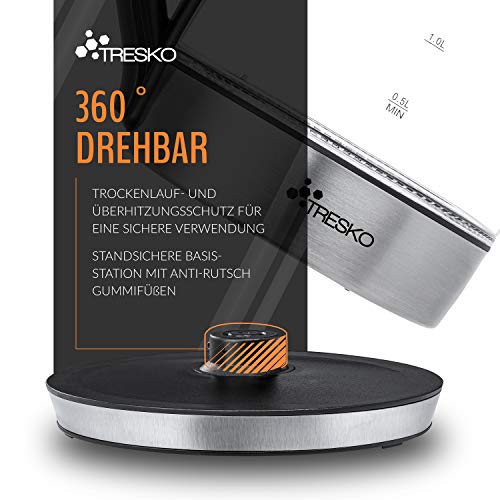 TRESKO Hervidor de Agua Eléctrico de Cristal 1,8L con Iluminación LED | Incluye Filtro de Té & Antical | Acero Inoxidable | 2200W | Temp. Regulable | Desconexión Automática | Libre de BPA