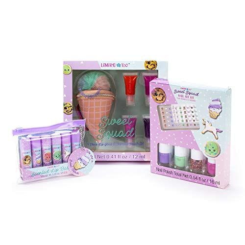 Tri-Coastal Design - Sweet Squad Girls Cosmetics Set de baño con bálsamos labiales perfumados para Niñas, brillo y bolsa de labios y kit de decoración de uñas (Sweet Squad)
